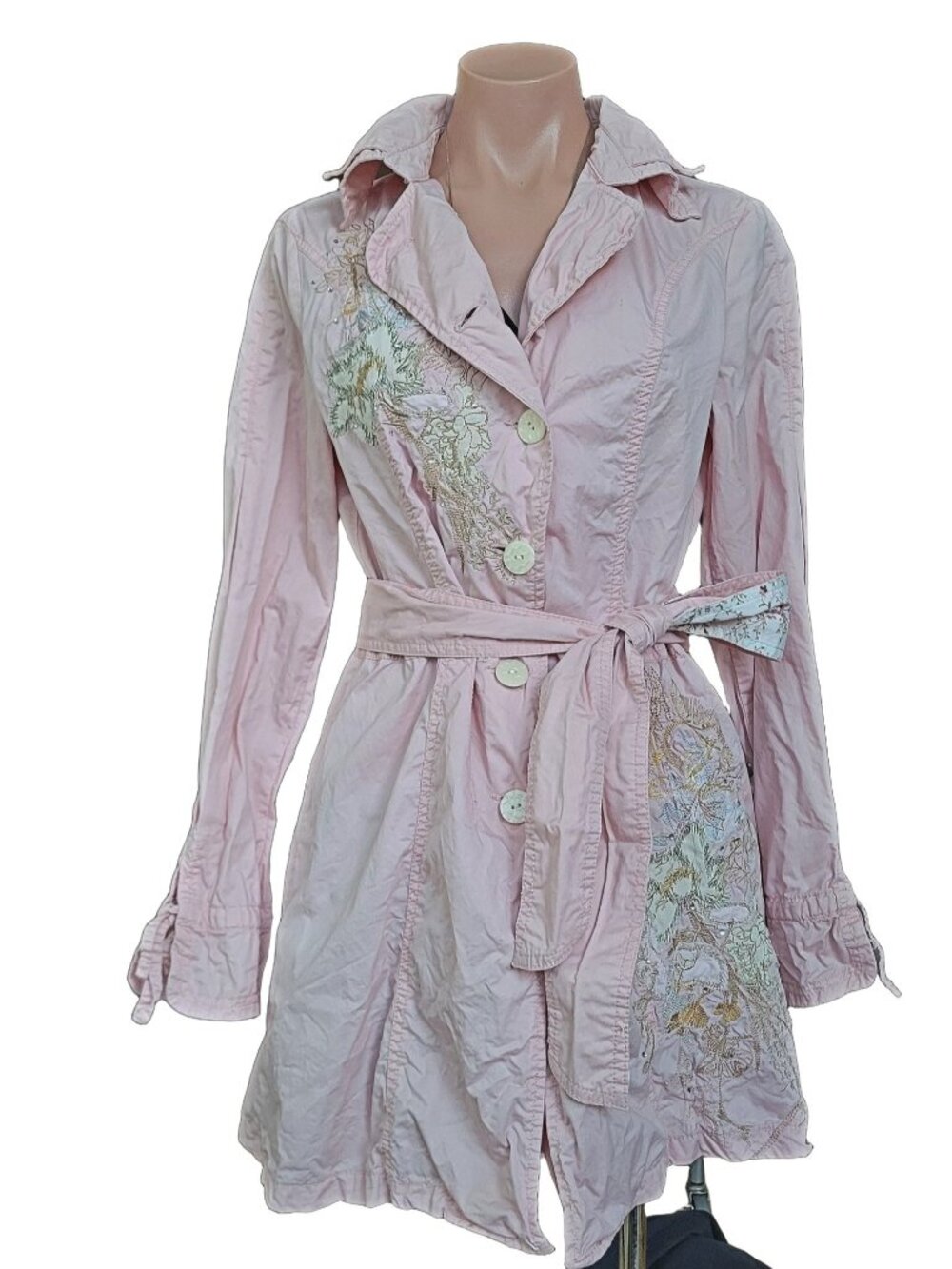 Murmur Women's Pink Floral Embroidered Cotton Rhinestone Trench Dress Belted Jac